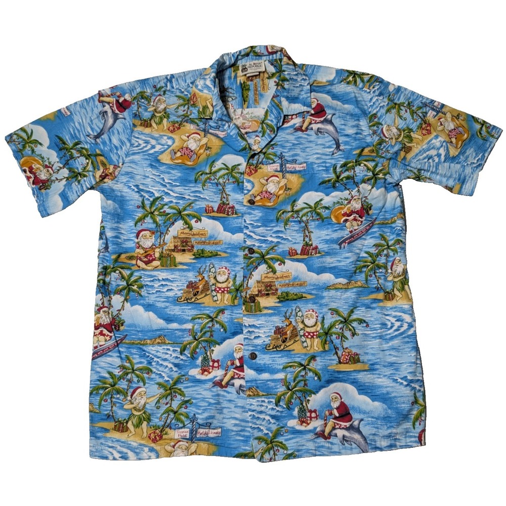 VTG ALOHA REPUBLIC Tropic Christmas Santa Hawaiian Shirt - Men Large Made In USA